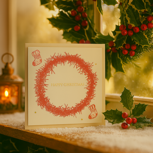 Happy Christmas – Wreath & Stockings Card