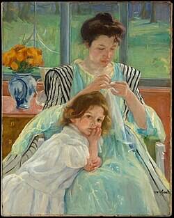 "Mary Cassatt painting showing a mother and child in a quiet, tender moment with soft Impressionist colours."