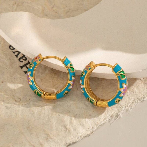 Romantic flower hoop blue oorbellen goud