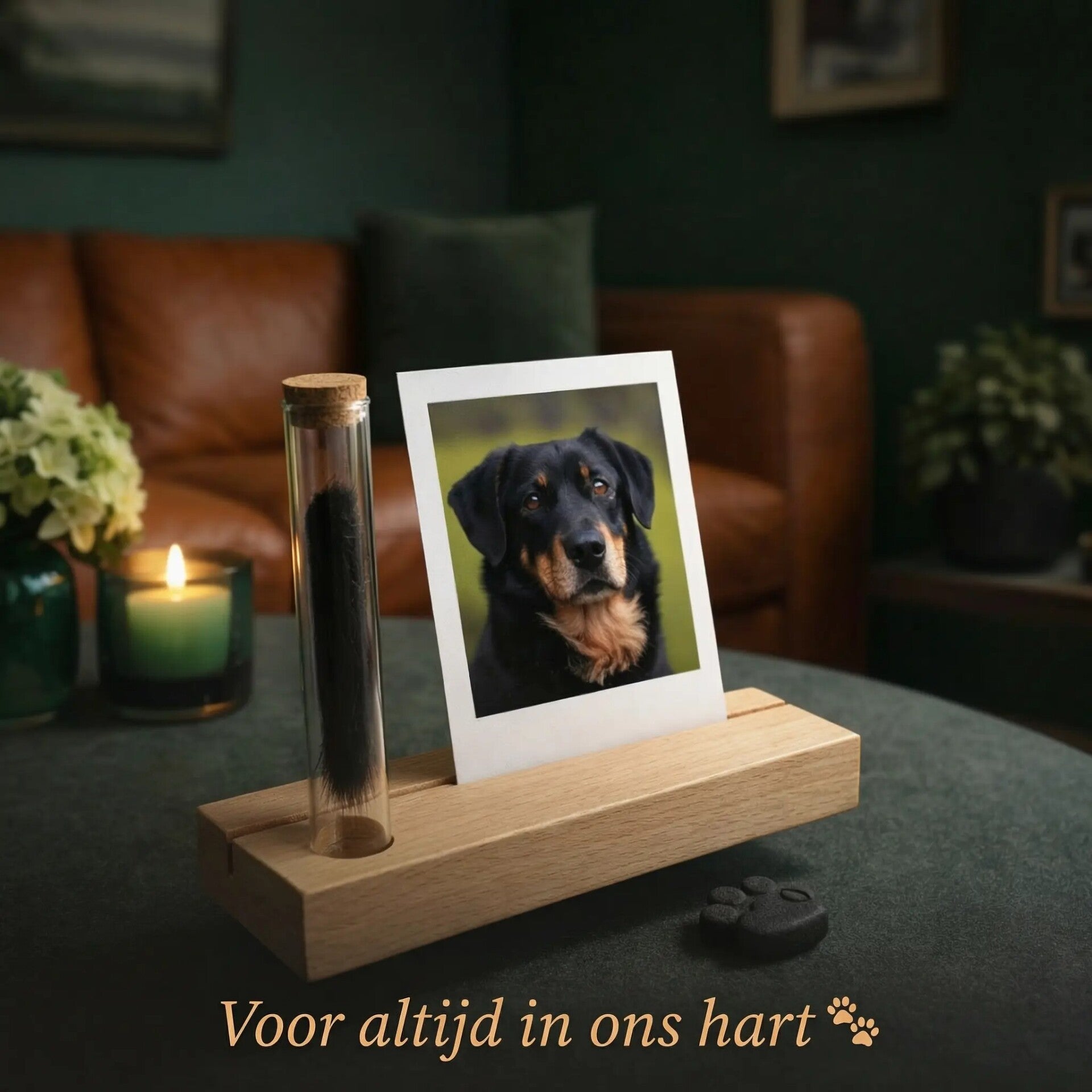 Plankje met plaats voor een foto of kaart met glazen buisje