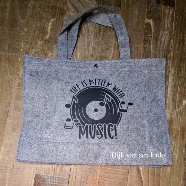 Vilten tas: Life is better with MUSIC zwart vinyl opdruk
