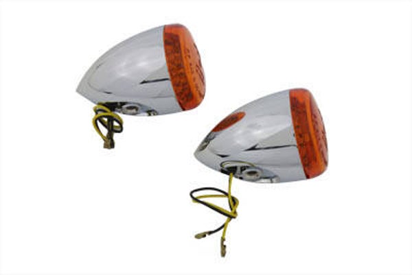 Rear torpedo style chrome signal set with amber LED and amber lenses. VTWIN 33-0608