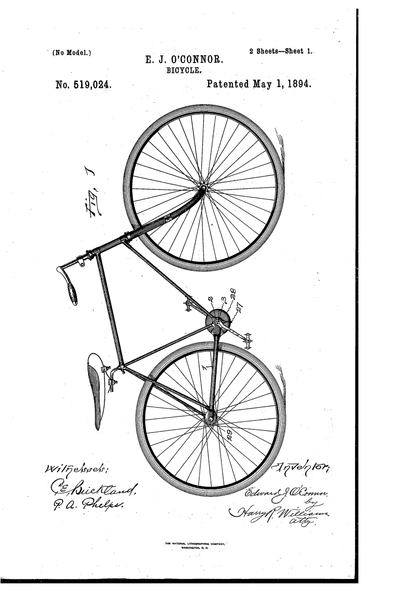 O'Connor bicycle shaft - cardan drive patent US 1