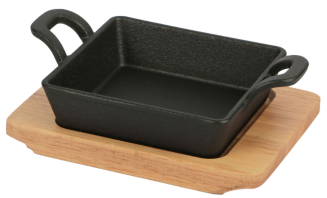 Casseruola a servire ghisa rettangolare con base legno / cm.12,5x12,5 / 2 Manici / 1 pezzo / PROFESSIONAL THINK