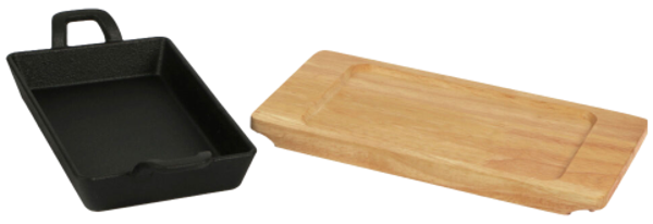 Casseruola a servire ghisa rettangolare con base legno / cm.20x12 / 2 Manici / 1 pezzo / PROFESSIONAL THINK