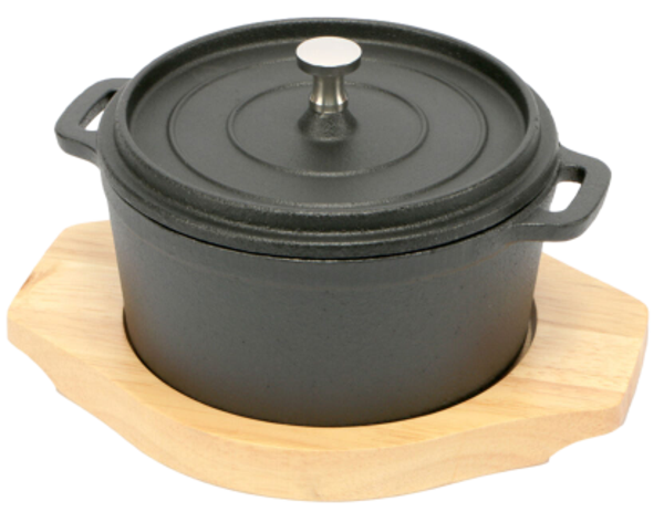 Cocotte a servire ghisa rotonda con coperchio con base legno / diam. cm.14 / 2 Manici / 1 pezzo / PROFESSIONAL THINK