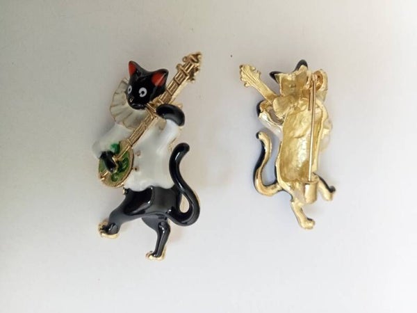 Zwarte kat met banjo en witte jas 10033