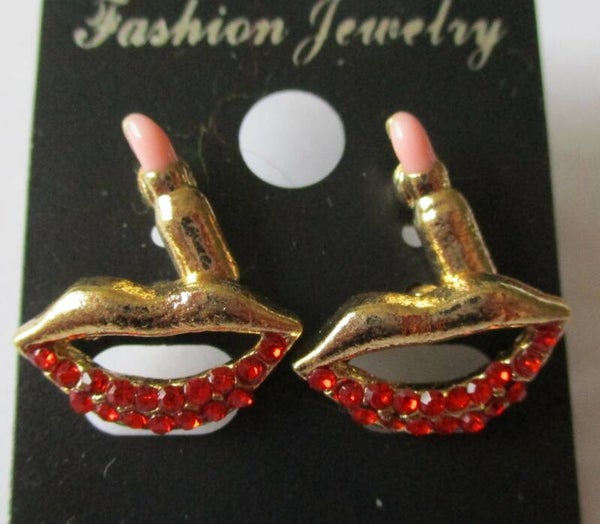 Oorstekers set lippen en lippenstift met stras 20133