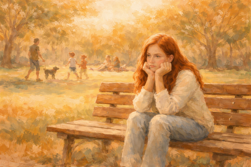 Vrouw bankje piekeren bijzonder rustig