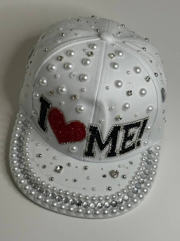 "I LOVE me" White BLing Snapback - Pearl & Rhinestone Statement Hat