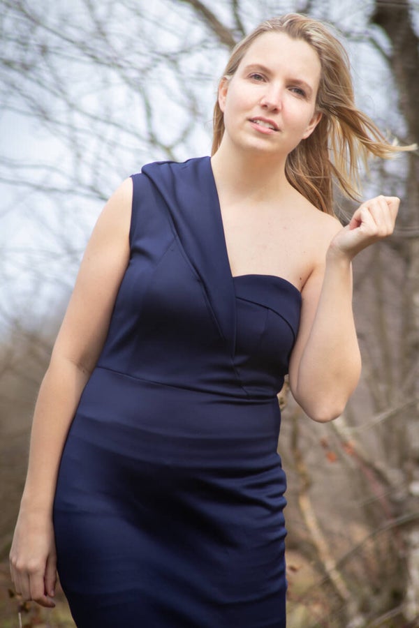 Blauwe one shoulder off jurk, maat 40/42