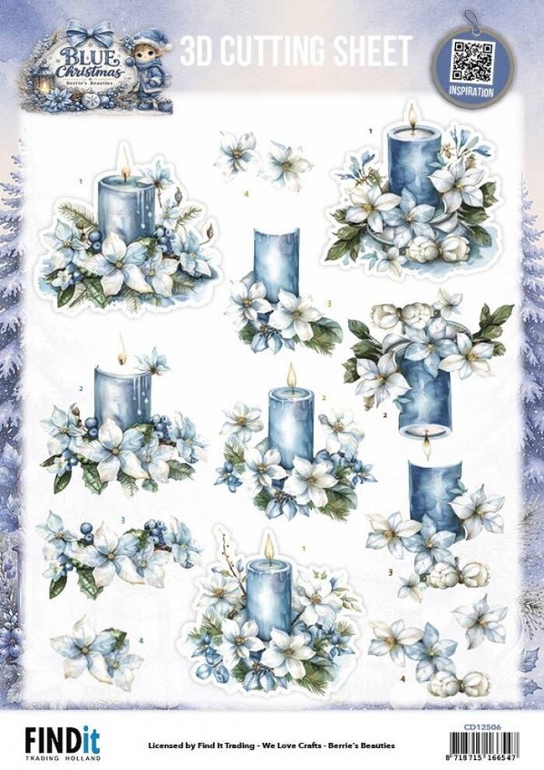 Berries Beauties - Blue Christmas - Blue Candles and White Poinsettia     CD12506