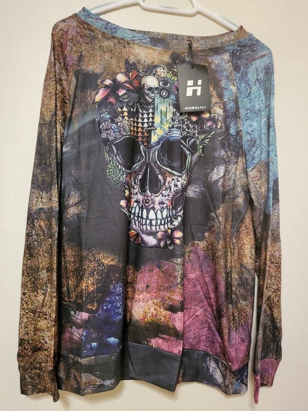Langarmshirt farbig mit Totenkopf, Gr. L