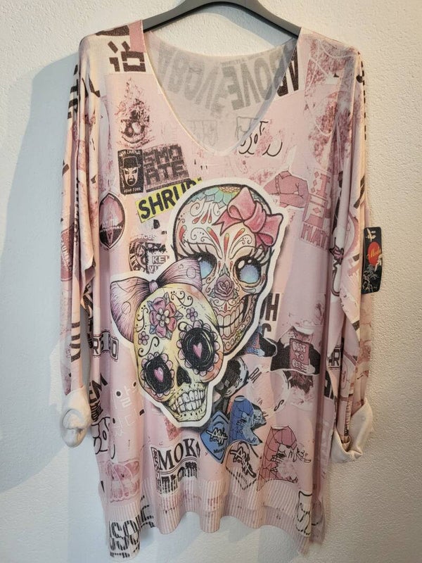 Shirt mit Totenkopf rosa, Gr. bis 42/44