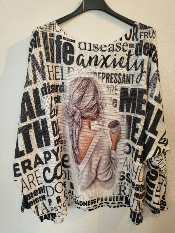 Shirt mit Frauenmotiv weiss/schwarz, Gr. bis 42/44