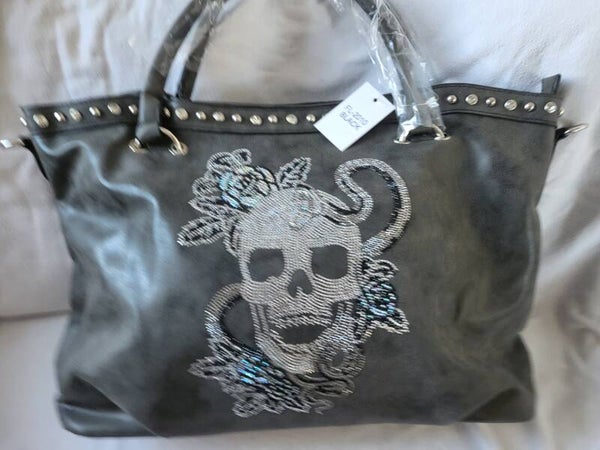 Echtleder Handtasche mit Totenkopf und Blumen, 1x verfügbar