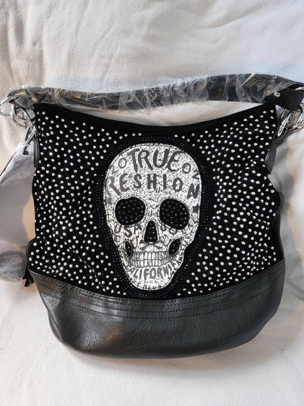 Echtleder Handtasche mit Totenkopf schwarz - 1x verfügbar