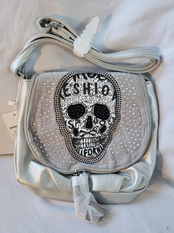 Echtleder Umhängetasche mit Totenkopf - 1x verfügbar silber/grau