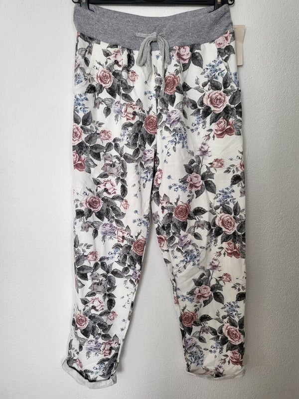 Hose Blumenmuster weiss/grau, Gr. 36 - 42