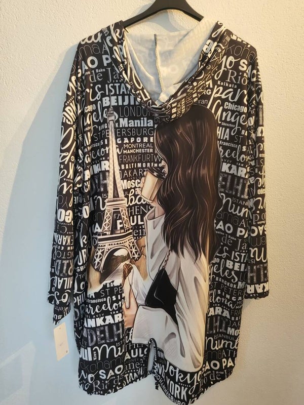 Hoodie "Paris" schwarz/weiss, lang mit Reissverschluss, Gr.38 - 52, 1x verfügbar