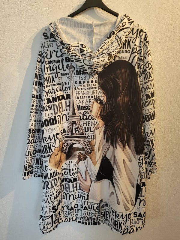 Hoodie "Paris" weiss/schwarz, lang mit Reissverschluss, Gr.38 - 52, 1x verfügbar