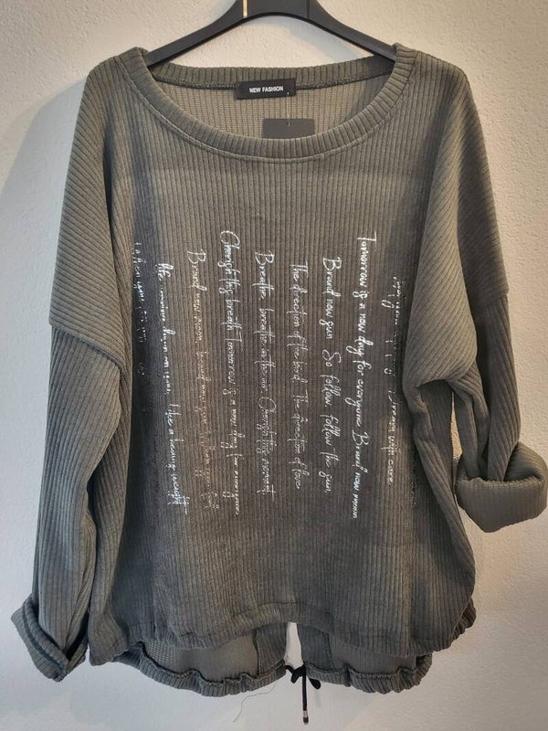 Pullover khaki mit silber Schrift, Gr. 36/38 - 42/44, 1x verfügbar