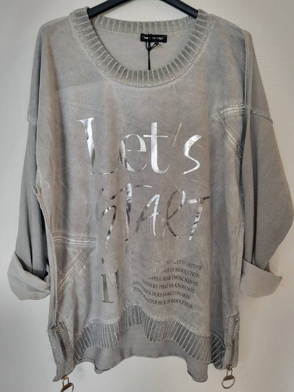 Langarmshirt hellgrau " Let's start", Gr. 38 - 42, 2x verfügbar
