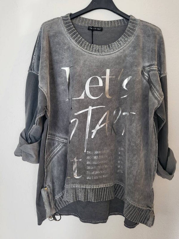 Langarmshirt dunkelgrau " Let's start", Gr. 38 - 42, 1x verfügbar