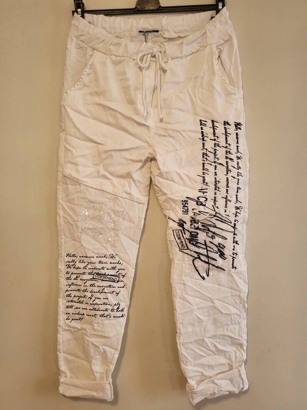 Hose weiss mit Schriftzug, Gr. 36/38 - 40/42, 1x verfügbar