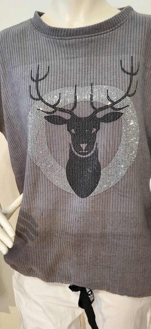 Pullover grau mit Hirsch, Gr. 36 - 44, 1x verfügbar