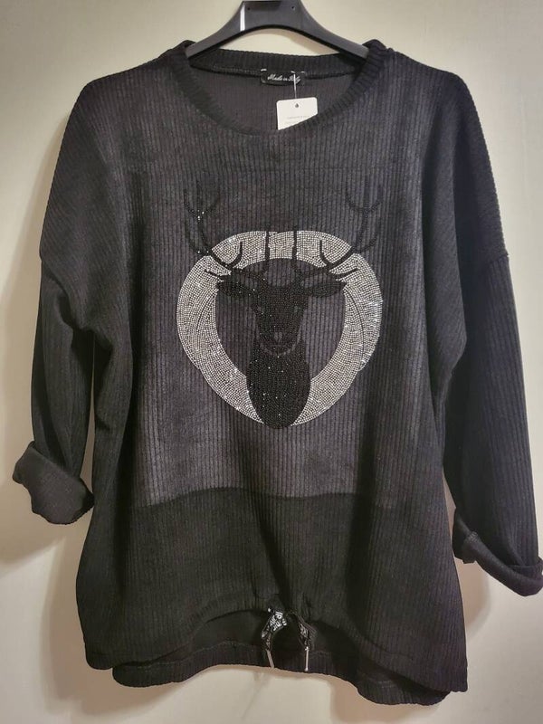 Pullover schwarz mit Hirsch, Gr. 36 - 44, 1x verfügbar