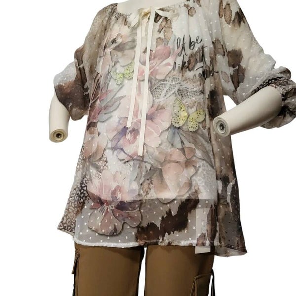 Bluse braun mit Blumen & Schmetterlingen, Gr. 36 - 42 - 1x verfügbar