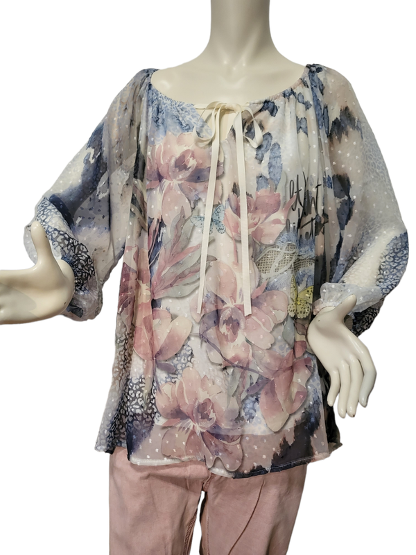 Bluse blau mit Blumen & Schmetterlingen, Gr. 36 - 42 - 1x verfügbar
