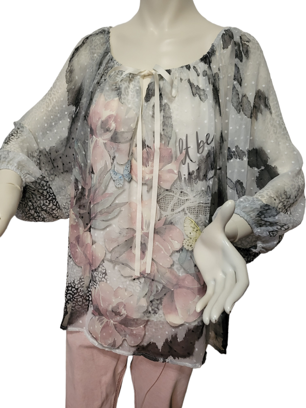 Bluse grau mit Blumen & Schmetterlingen, Gr. 36 - 42 - 2x verfügbar