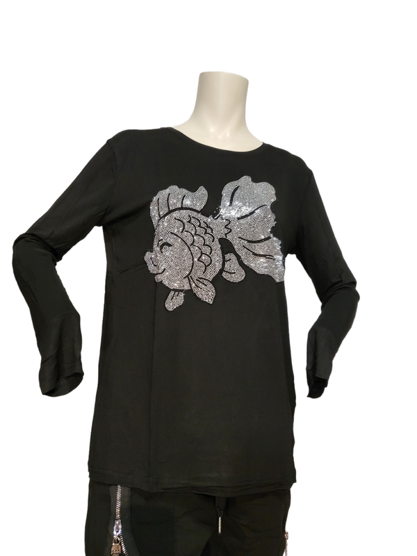 Langarmshirt schwarz "Fisch", Gr. 38 - 42, 1x verfügbar