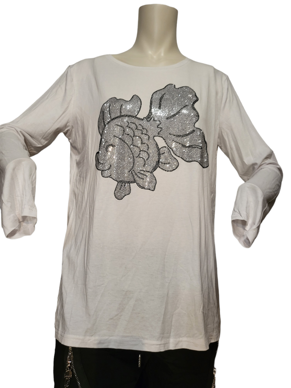 Langarmshirt weiss "Fisch", Gr. 38 - 42, 1x verfügbar