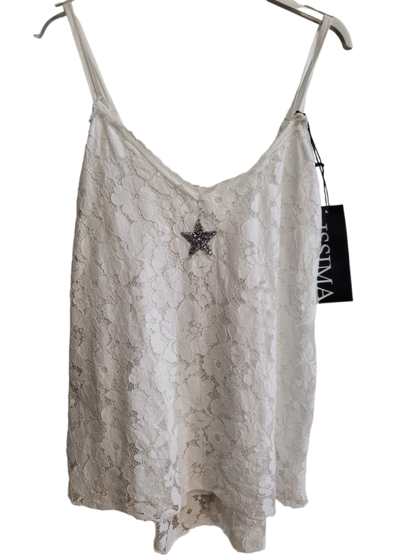 Trägershirt weiss floral mit silber Stern, Gr. 36 - 40 - 2x verfügbar