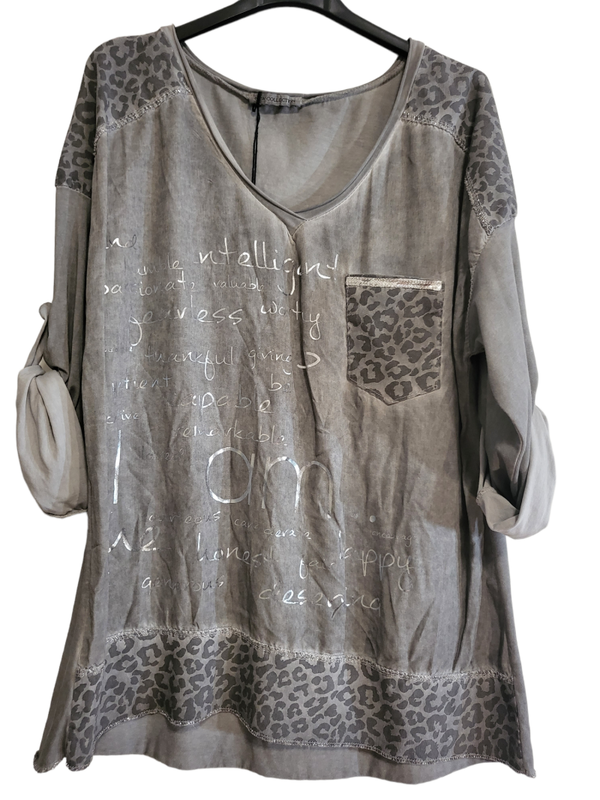 Shirt grau mit silbrigem Schriftzug, Gr. 38 - 44, 1x verfügbar