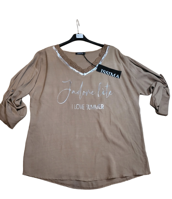 Langarmshirt camel "J' adore", Gr. 36 - 42, 1x verfügbar
