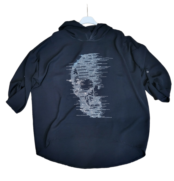 Langarmshirt schwarz mit fliessendem Totenkopf, Gr. 36 - 42/44 - 1x verfügbar
