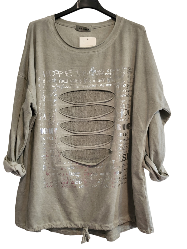Pullover grau/grün mit Schlitzen, Gr. 38 - 42, 1x verfügbar