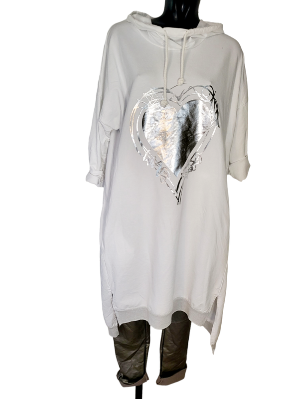 Longpullover weiss mit Herz, Gr. 38 - 44 - 1x verfügbar