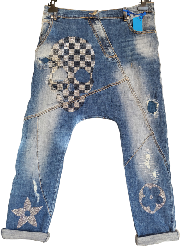 Jeans baggy harem mit Totenkopf schwarz/weiss, Gr. L (40/42) - 1x verfügbar