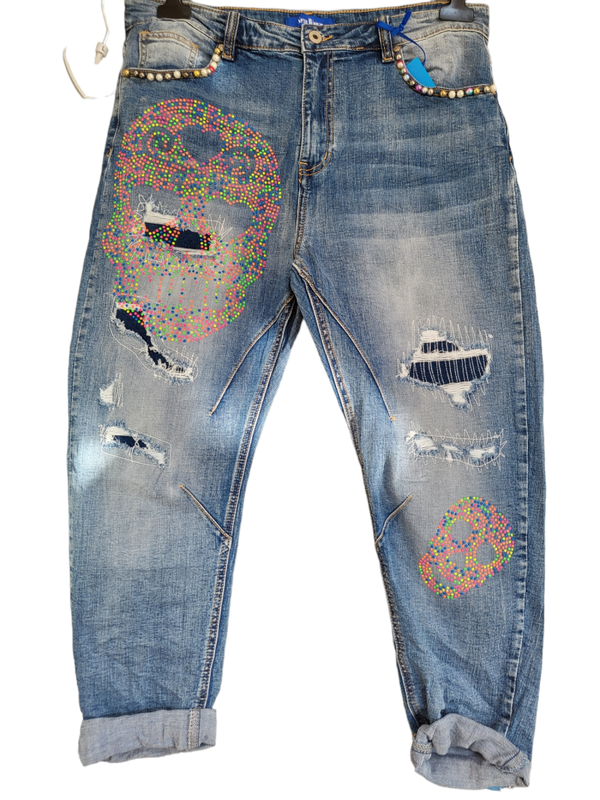 Jeans mit Totenkopf bunt, Gr. L (40/42) - 1x verfügbar