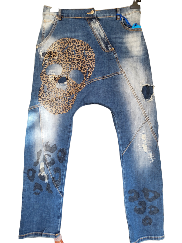 Jeans baggy harem mit Totenkopf schwarz/braun, Gr. XL (42/44) - 1x verfügbar