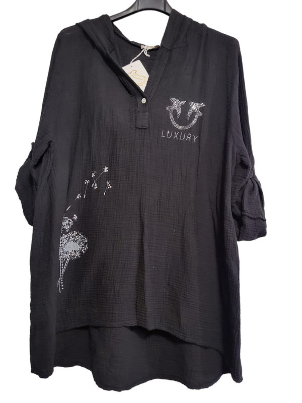 Bluse schwarz "Pusteblume", Gr. 38 - 42, 1x verfügbar
