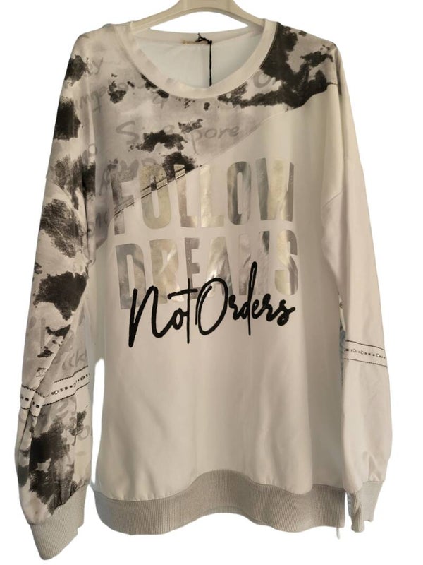 Pullover weiss/silber "FOLLOW DREAMS" , Gr. 38 - 42, 1x verfügbar
