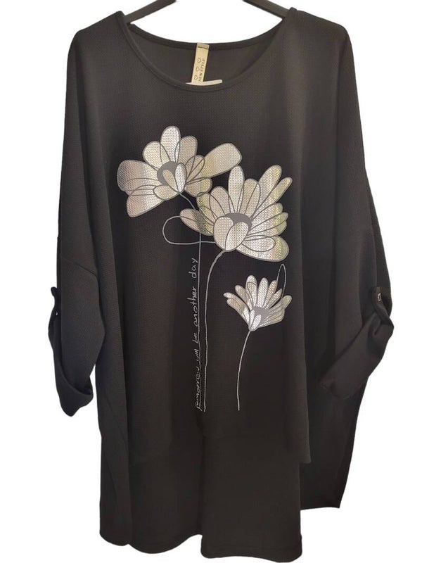 Langarmshirt schwarz "Flower", Gr. 38 - 42/44, 1x verfügbar
