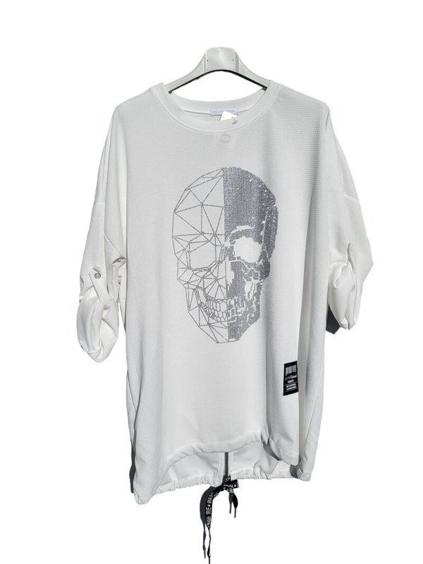 Langarmshirt weiss mit Totenkopf, Gr. 38 - 44, 1x verfügbar