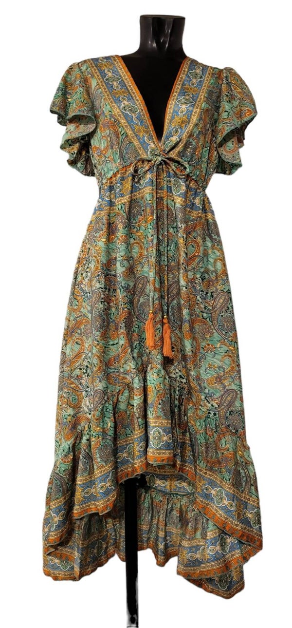 Bohokleid mit Rüschenärmeln grün, Einheitsgrösse (38 - 42), 1x verfügbar